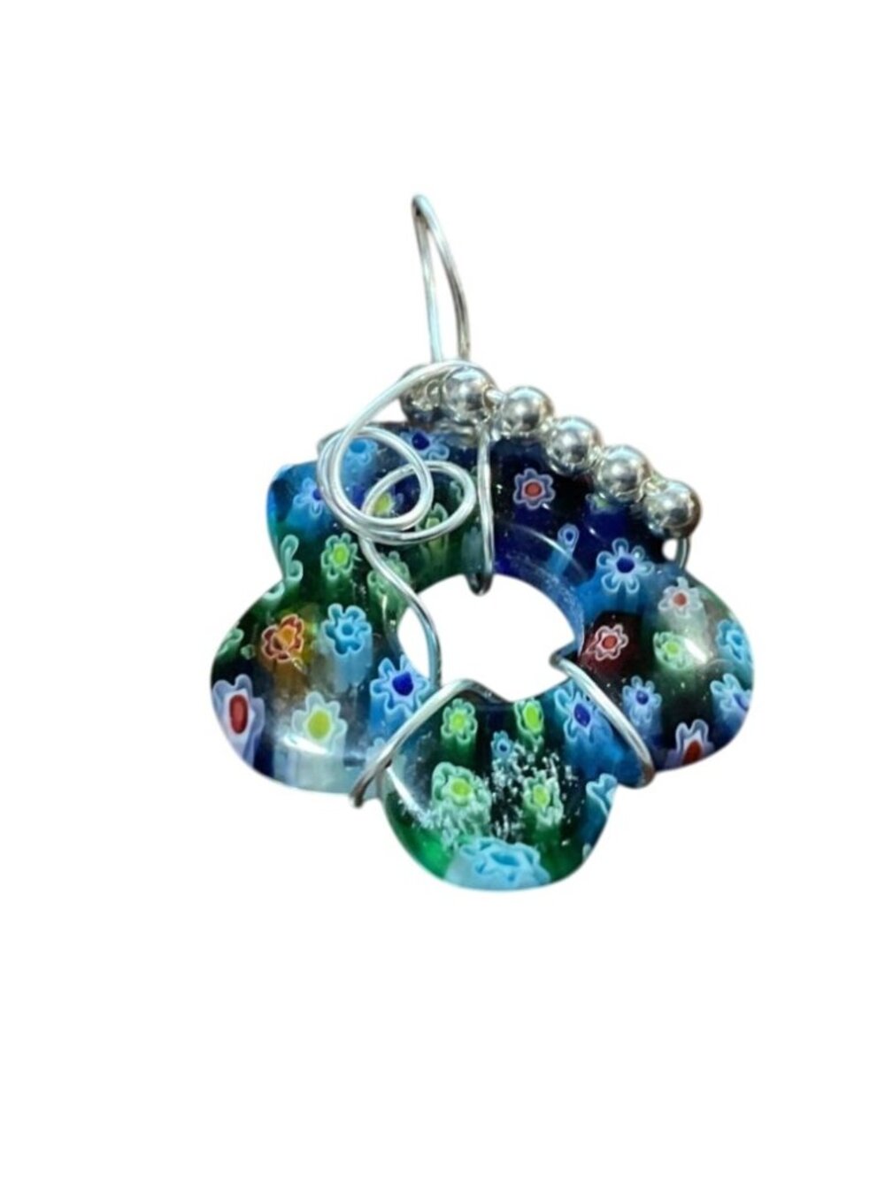 Art Glass Millefiori Flower Pendant With Silver Wire Wrap & Bead Accents Womens